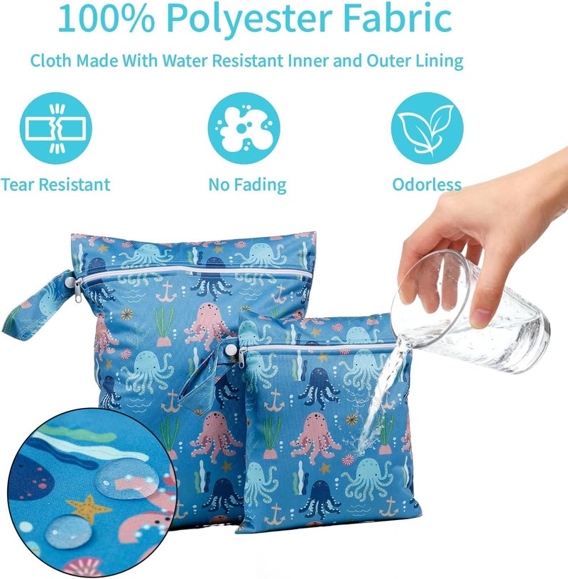 CoolaPeach 2 Pcs Wet Bags Waterproof Reusable Zippered Pocket Cloth Diaper Bag for Travel Beach Pool Swim, Baby Diapers,Gym Yoga Wet Clothes,Swimsuit,water wipes (Octopus) - Image 3
